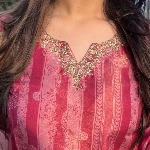 IMG_7099 Raspberry Tissue Shimmer Floral Suit Set