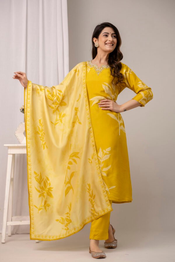 Lemon Petal Raw Silk Embroidered Suit Set