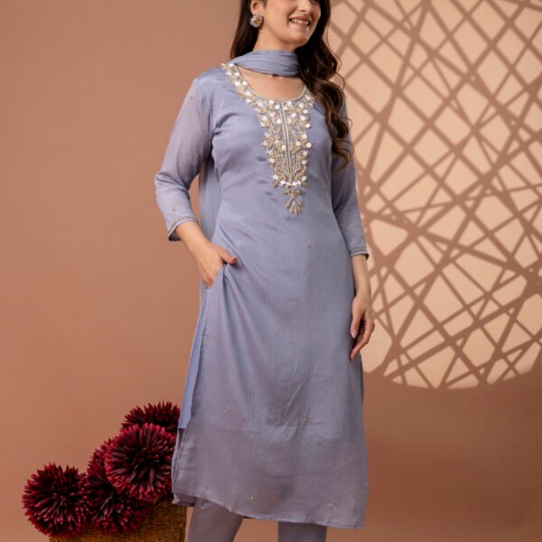Blue Haze Embroidered Straight Suit Set