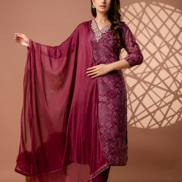 328A4826 Magenta V-Neck Embroidered Bandhej Straight Suit Set