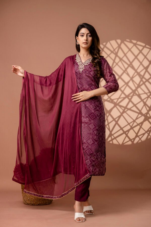 328A4826 Magenta V-Neck Embroidered Bandhej Straight Suit Set