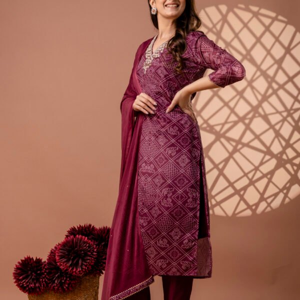 Teal Blue V-Neck Embroidered Bandhej Straight Suit Set
