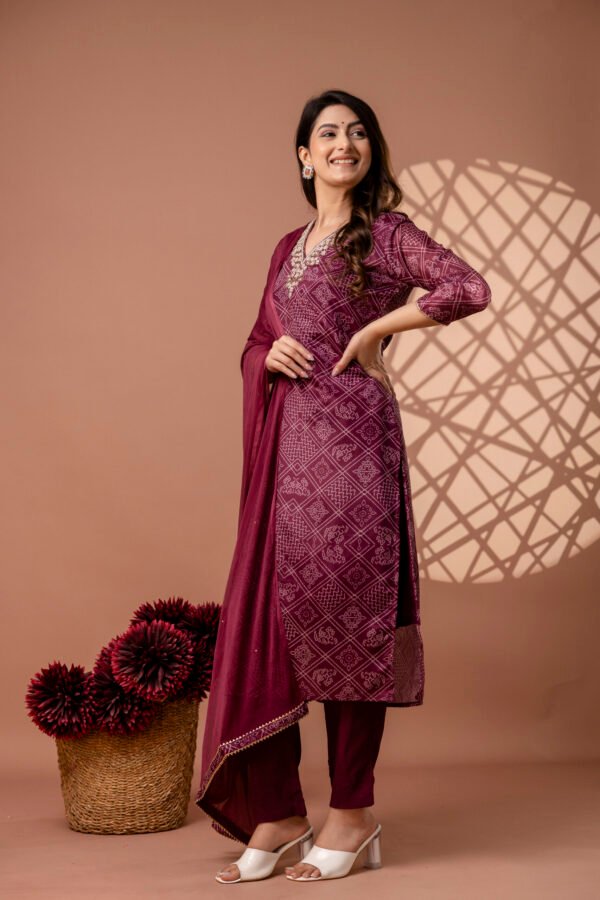Teal Blue V-Neck Embroidered Bandhej Straight Suit Set