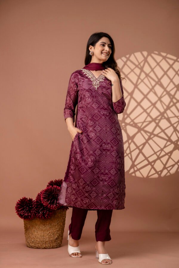 328A4830 Magenta V-Neck Embroidered Bandhej Straight Suit Set