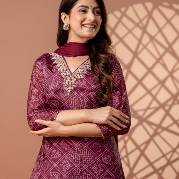328A4831 Magenta V-Neck Embroidered Bandhej Straight Suit Set