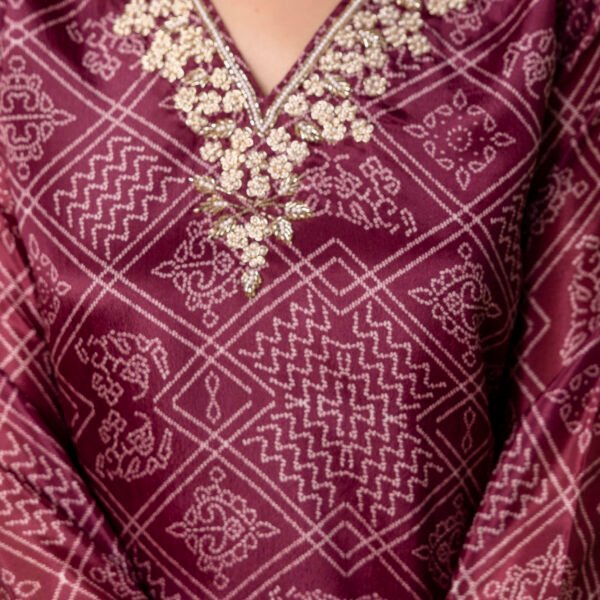 328A4833 Magenta V-Neck Embroidered Bandhej Straight Suit Set