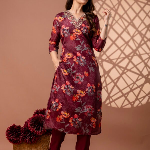 328A4836 Maroon V Neck Floral Straight Suit Set