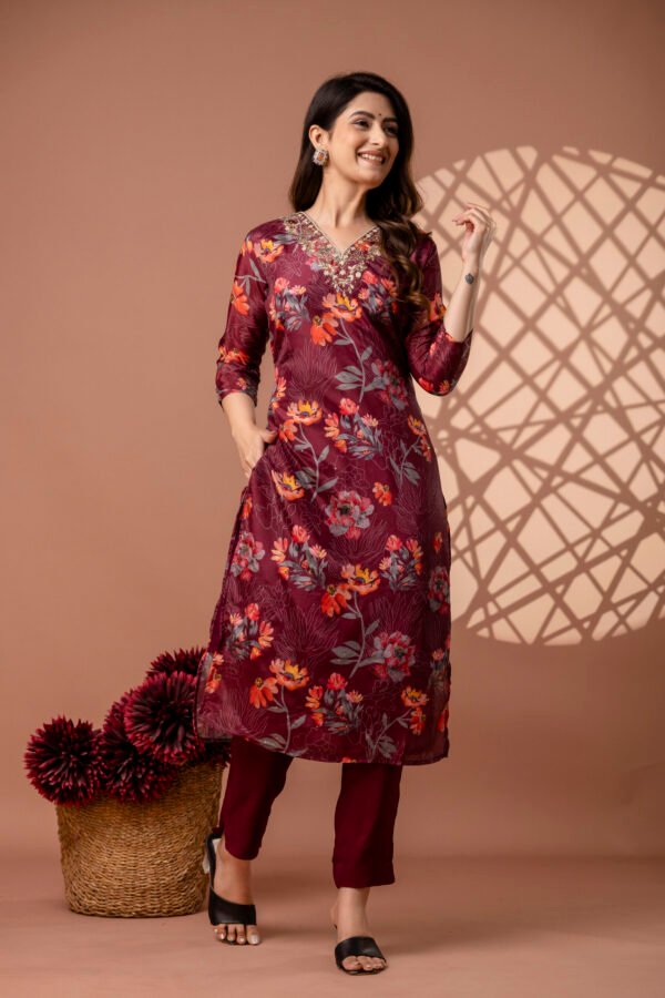 328A4836 Maroon V Neck Floral Straight Suit Set