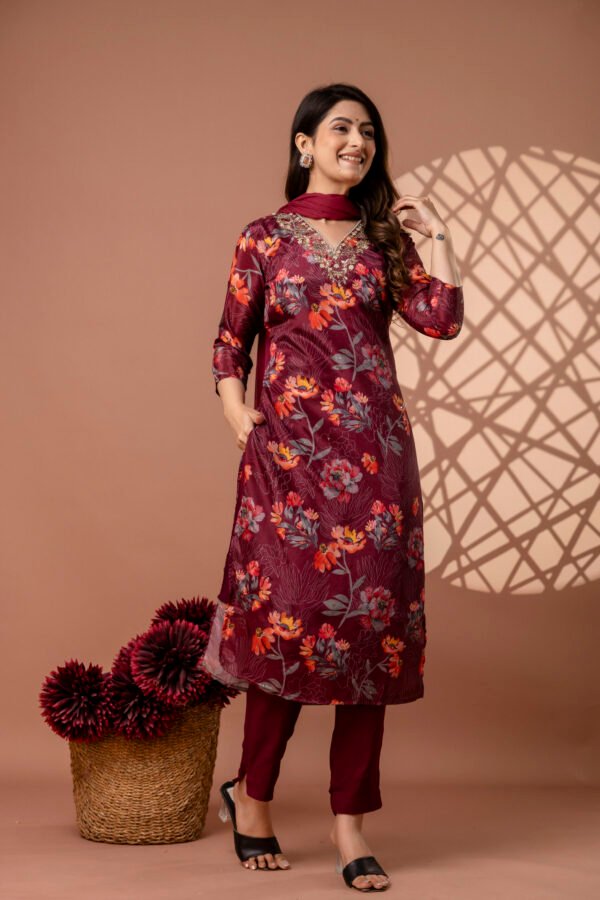 328A4841 Maroon V Neck Floral Straight Suit Set