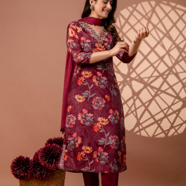 328A4842 Maroon V Neck Floral Straight Suit Set