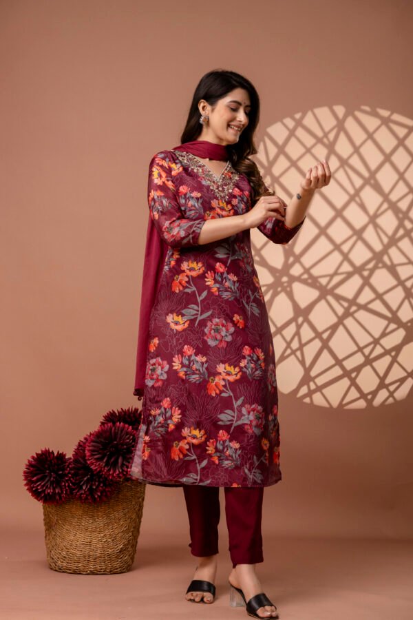 328A4842 Maroon V Neck Floral Straight Suit Set