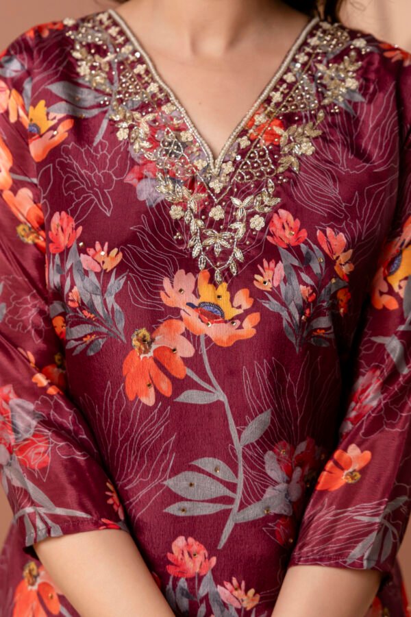 328A4845 Maroon V Neck Floral Straight Suit Set