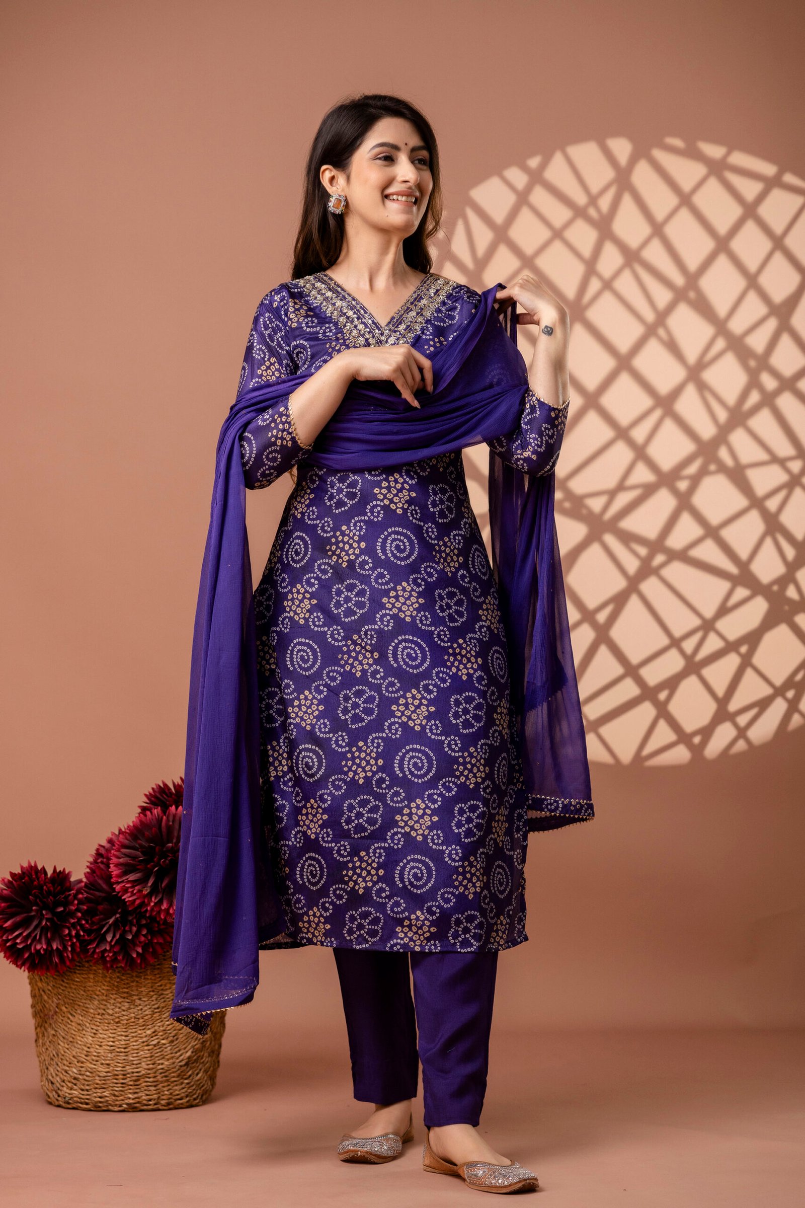 Mystic Violet Bandhej Embroidered Straight Suit Set