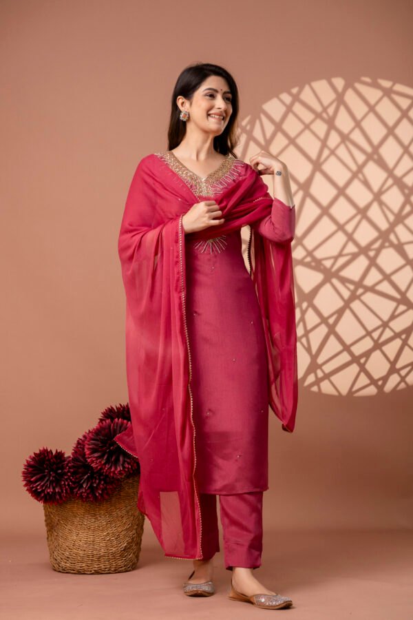 328A4901 Vibrant Pink Embroidered Straight Suit Set