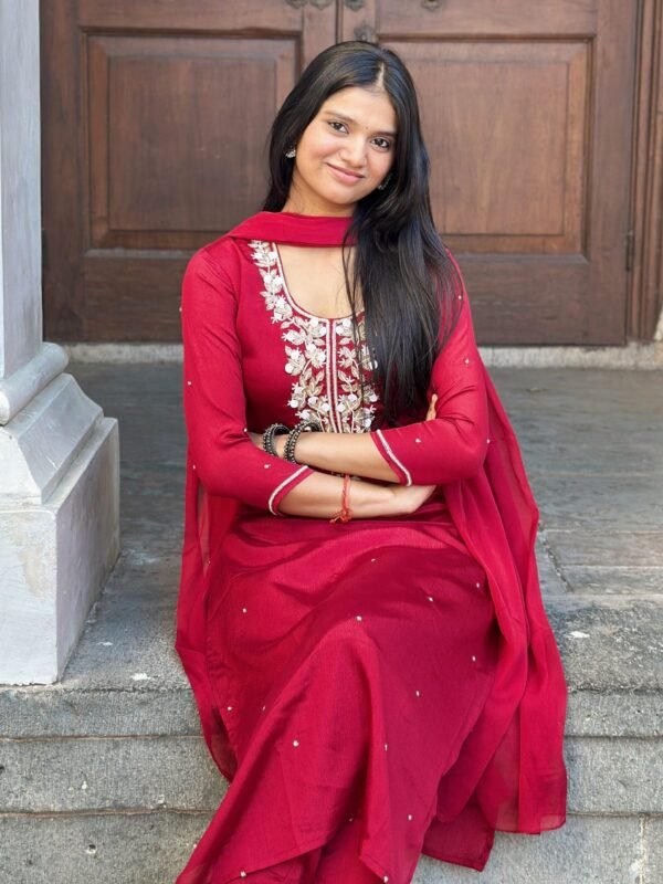 Zaina Red Embroidered Straight Suit Set