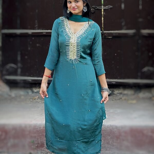 Aqua Embrace Embroidered Straight Suit Set