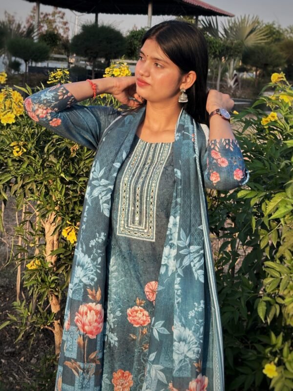 Indigo Garden Schiffli Cotton Straight Suit Set