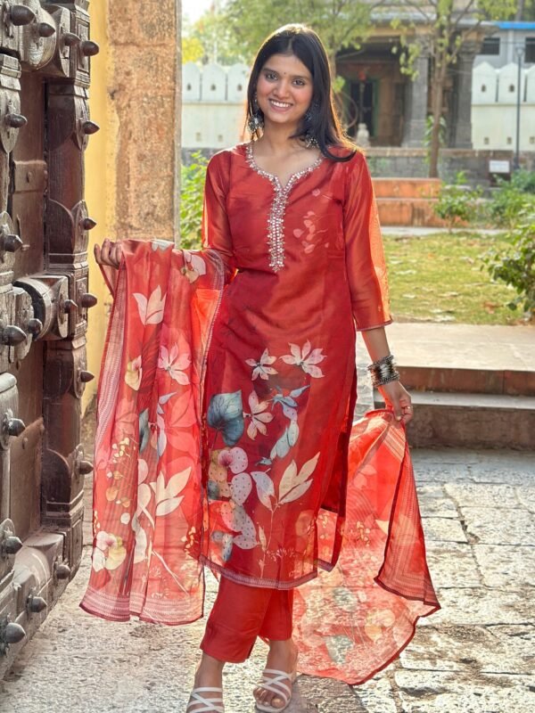 Rosewood Bloom Tissue Shimmer Suit Set