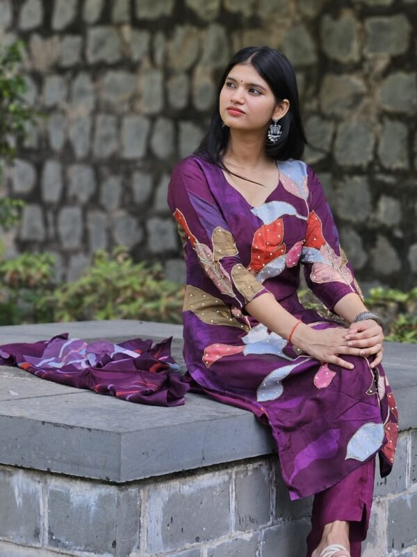 Orchid Raw Silk Embroidered Straight Suit