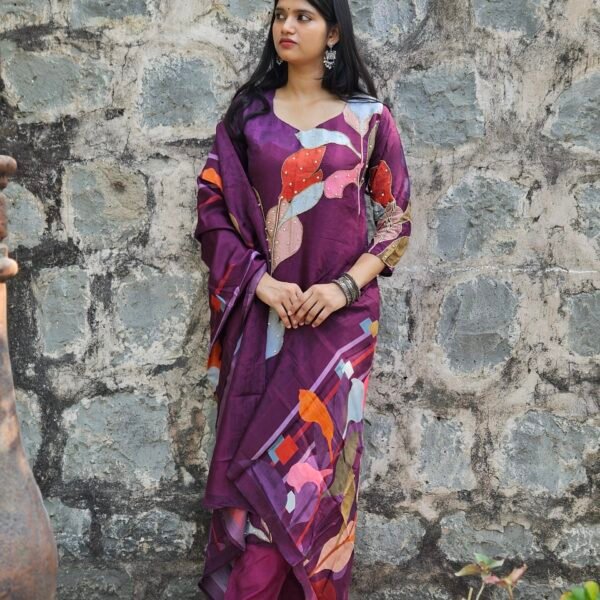 Orchid Raw Silk Embroidered Straight Suit