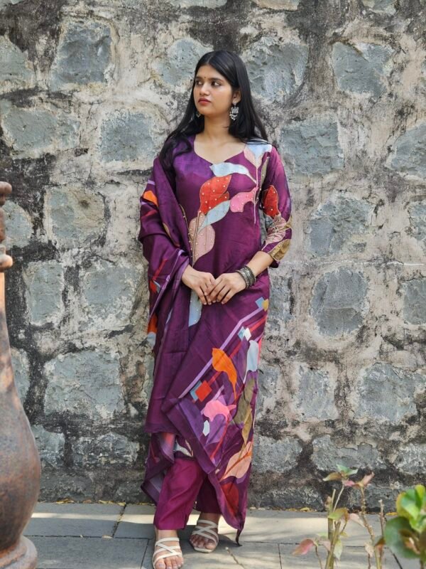 Orchid Raw Silk Embroidered Straight Suit