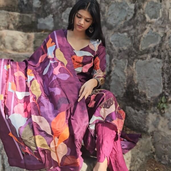 Orchid Raw Silk Embroidered Straight Suit