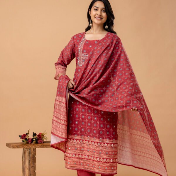 Floral Schiffli Cotton Printed Embroidered Straight Suit