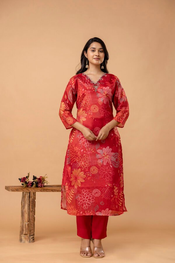 Red  V-Neck Embroidered Straight Suit Set