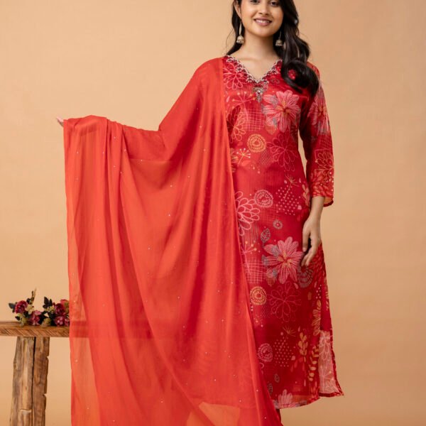 4D3A2624 Red V-Neck Embroidered Straight Suit Set
