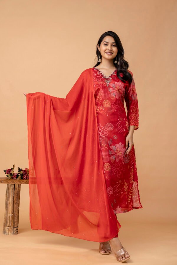 Red  V-Neck Embroidered Straight Suit Set