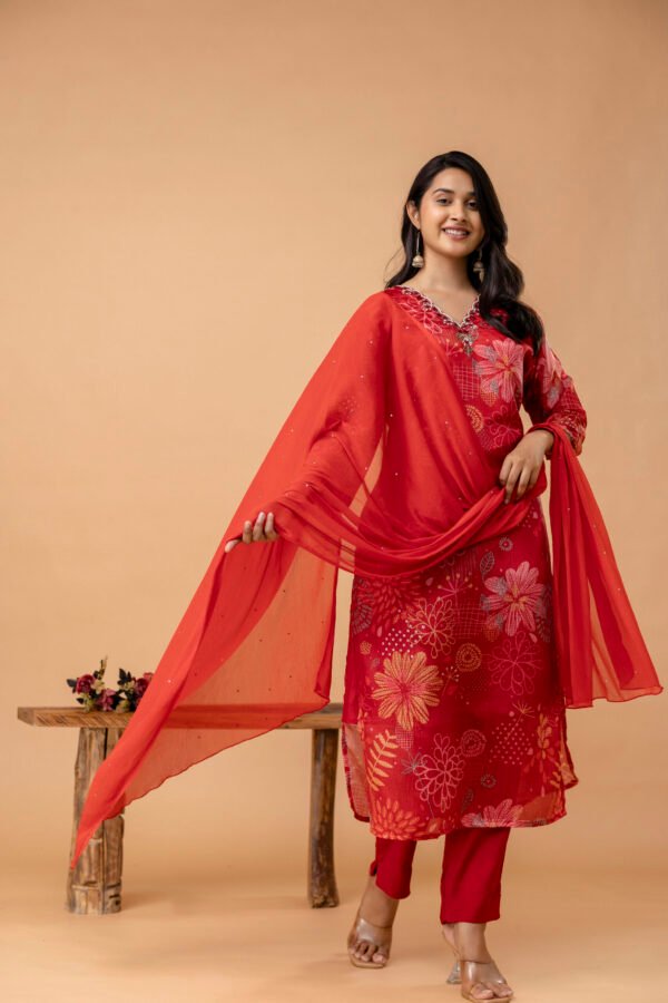 Red  V-Neck Embroidered Straight Suit Set