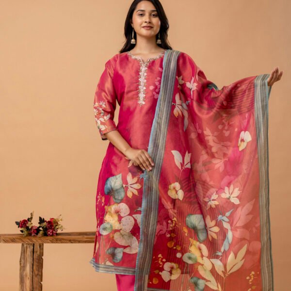 Rosewood Bloom Tissue Shimmer Suit Set