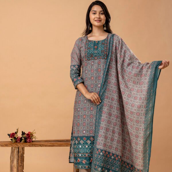 Ajrakh Cotton Printed Embroidered Straight Suit