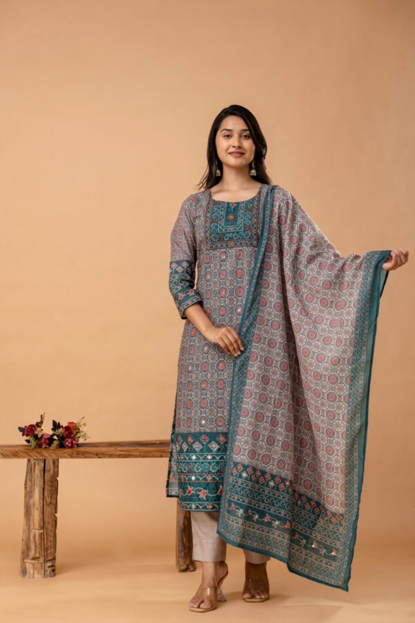 Ajrakh Cotton Printed Embroidered Straight Suit