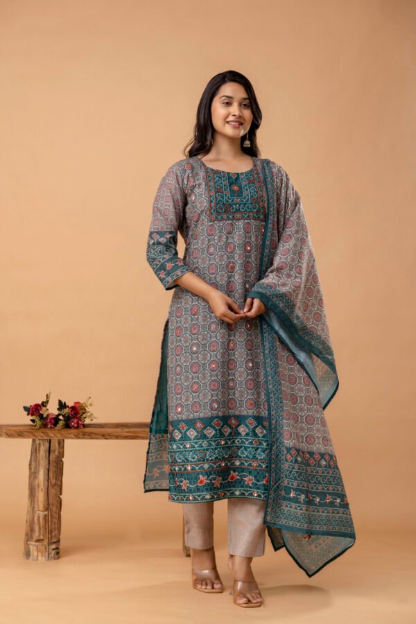 Ajrakh Cotton Printed Embroidered Straight Suit