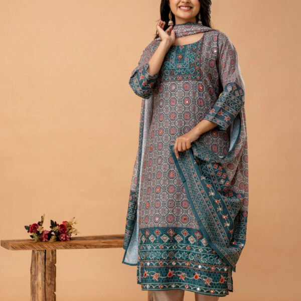 Ajrakh Cotton Printed Embroidered Straight Suit