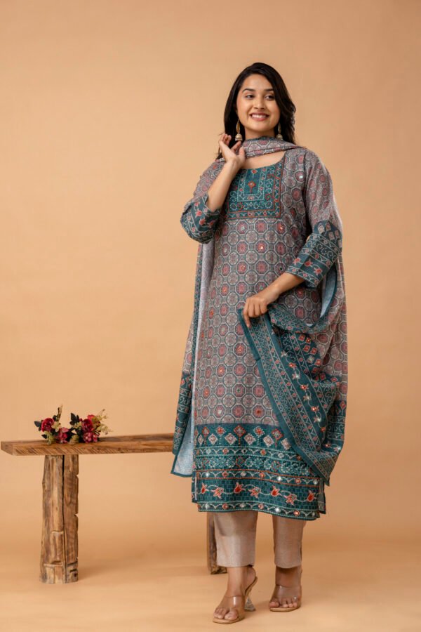 Ajrakh Cotton Printed Embroidered Straight Suit