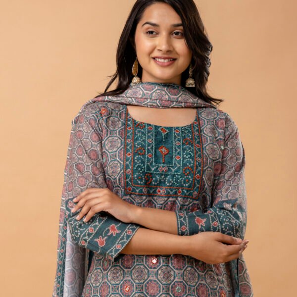 Ajrakh Cotton Printed Embroidered Straight Suit