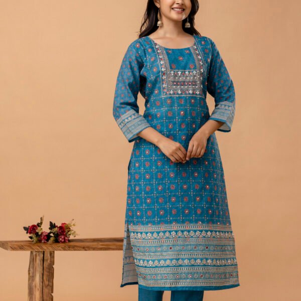 4D3A2703 Teal blue Schiffli Cotton Embroidered Straight Suit