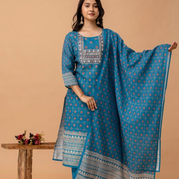4D3A2704 Teal blue Schiffli Cotton Embroidered Straight Suit