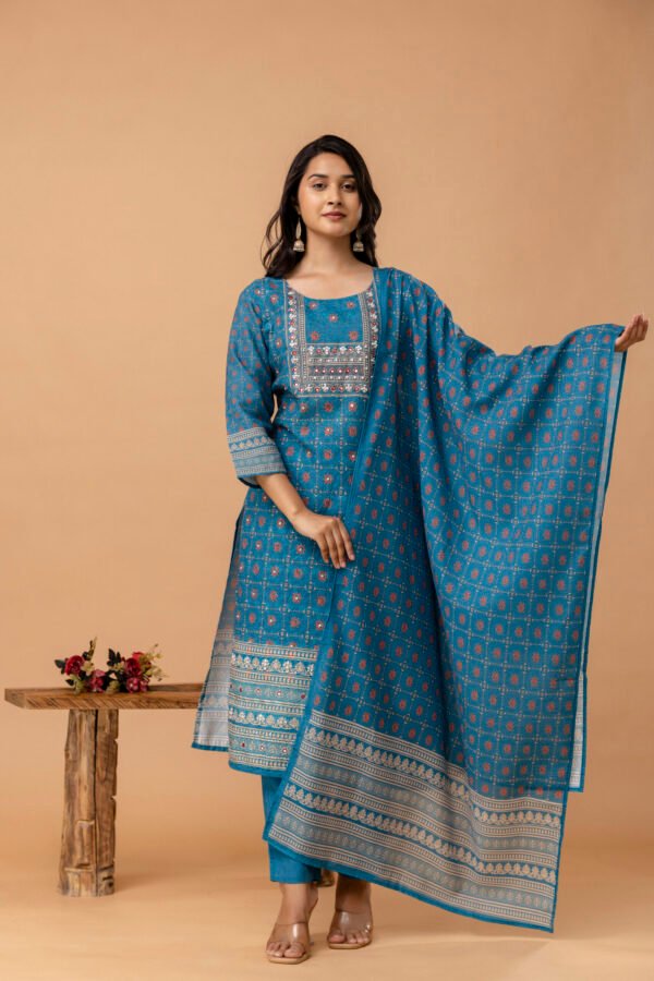 Teal blue Schiffli Cotton Embroidered Straight Suit