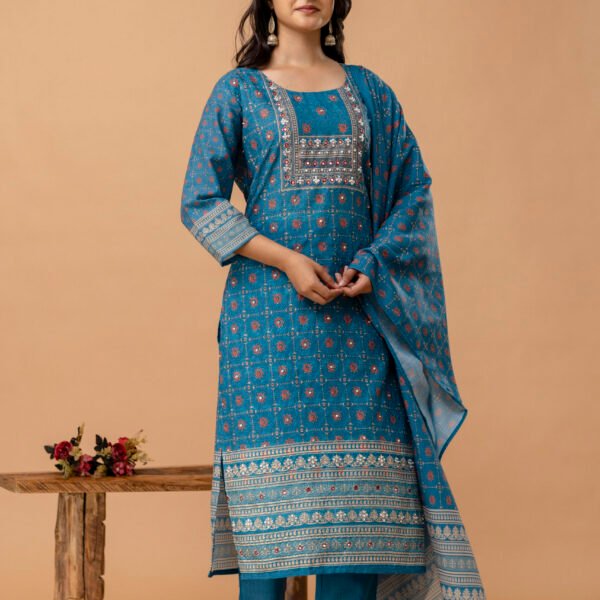 4D3A2705 Teal blue Schiffli Cotton Embroidered Straight Suit
