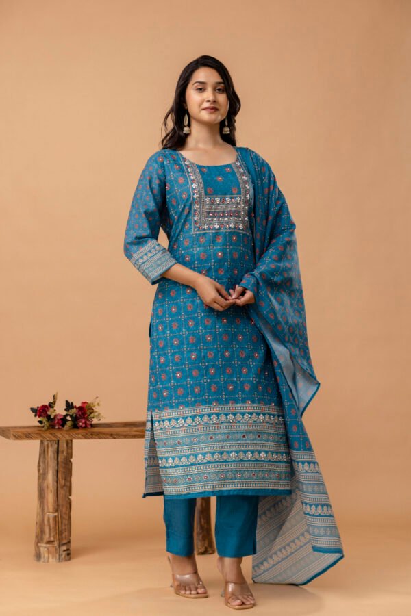 Teal blue Schiffli Cotton Embroidered Straight Suit