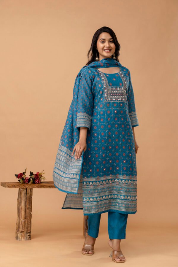 4D3A2711 Teal blue Schiffli Cotton Embroidered Straight Suit