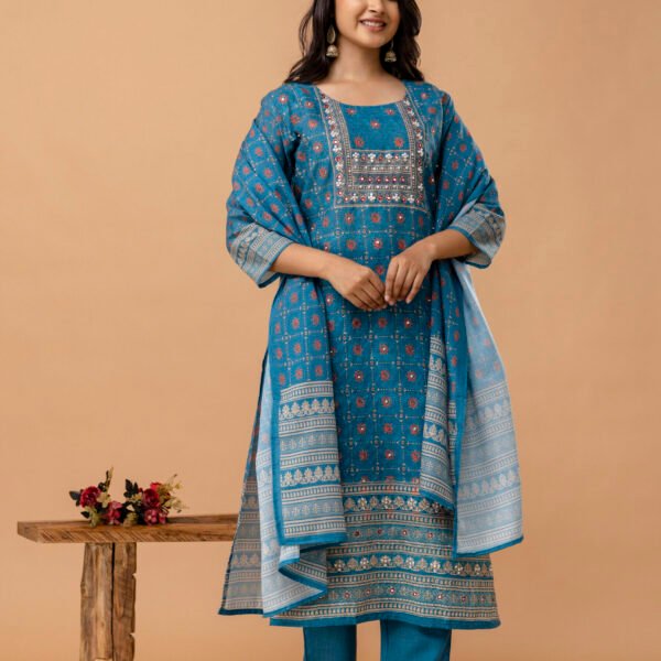 4D3A2713 Teal blue Schiffli Cotton Embroidered Straight Suit