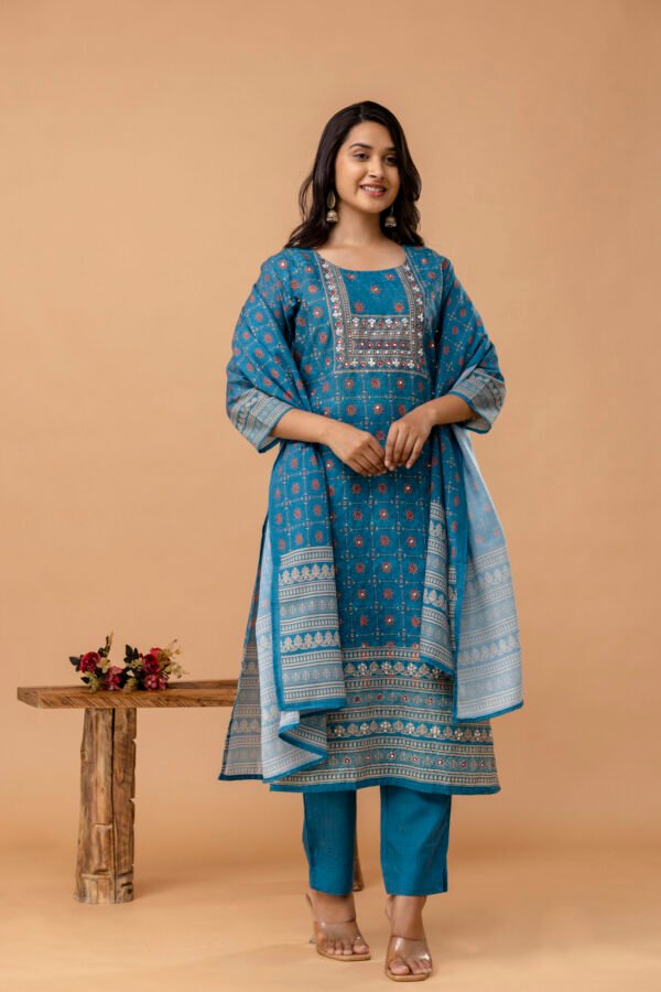 Teal blue Schiffli Cotton Embroidered Straight Suit