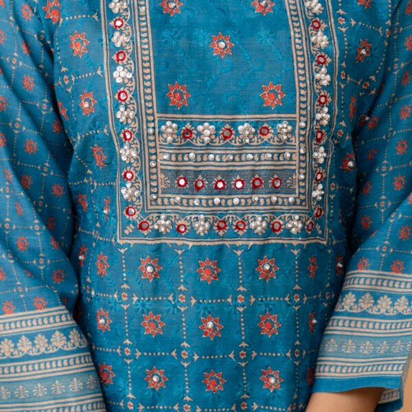 4D3A2716 Teal blue Schiffli Cotton Embroidered Straight Suit