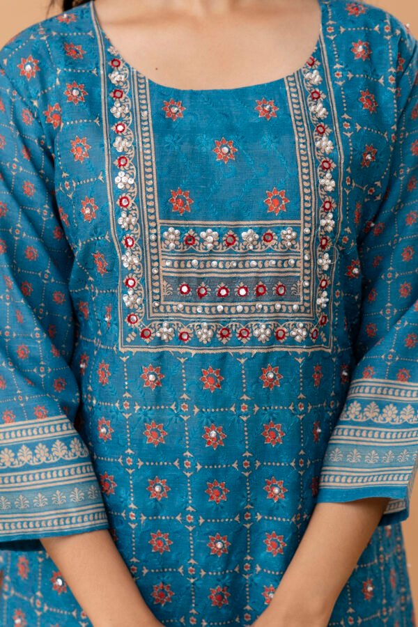 Teal blue Schiffli Cotton Embroidered Straight Suit