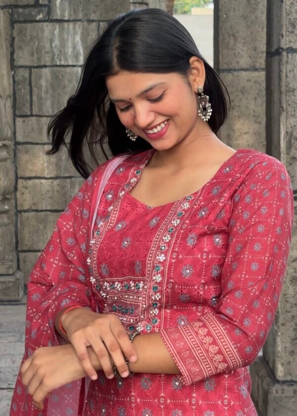 Floral Schiffli Cotton Printed Embroidered Straight Suit