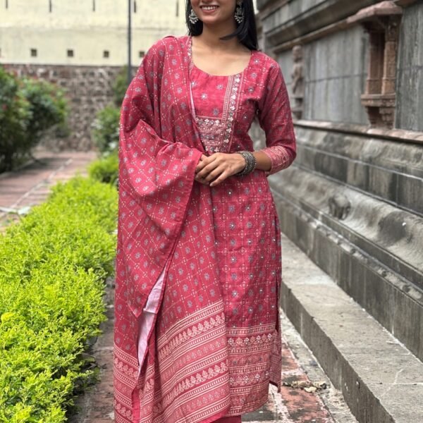 Floral Schiffli Cotton Printed Embroidered Straight Suit